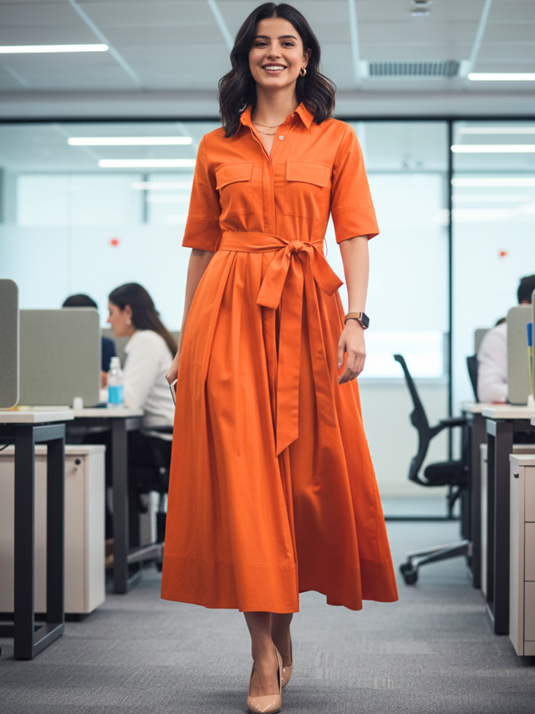 Cotton Flared Shirt Dress With Belt - Uptownie