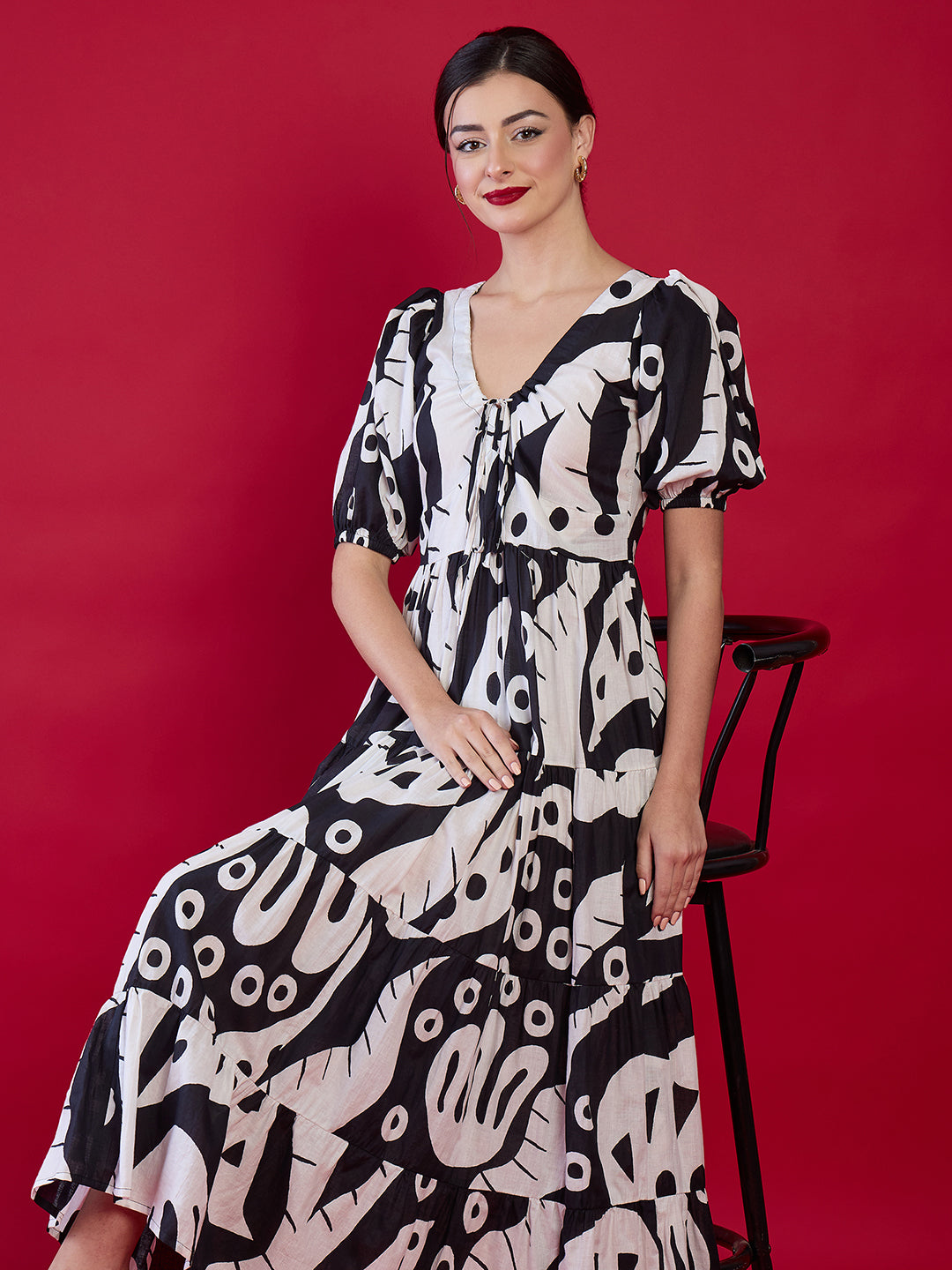 Pure Cotton Neck Tie Up Maxi Dress