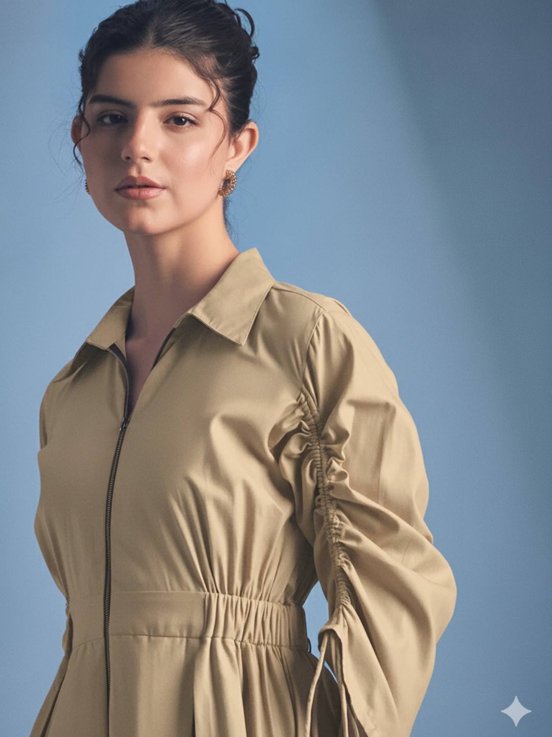 Cotton Zip Dress With Gathered Tie-Up Sleeves