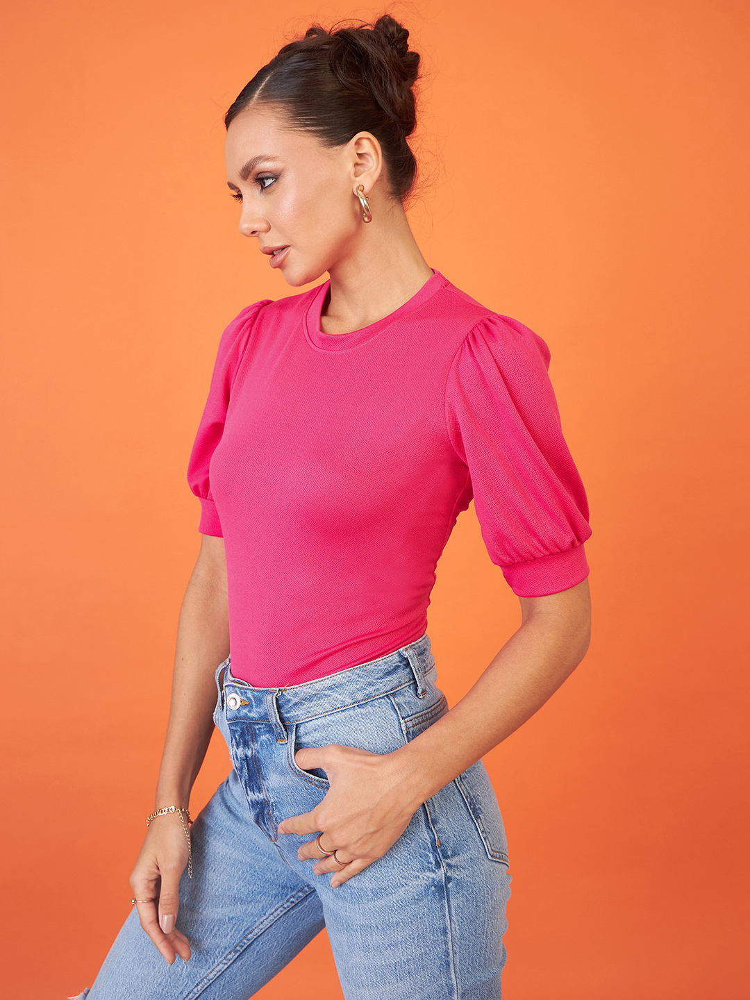 Cotton Solid Stretchable High Neck Puff Sleeve Top - Uptownie