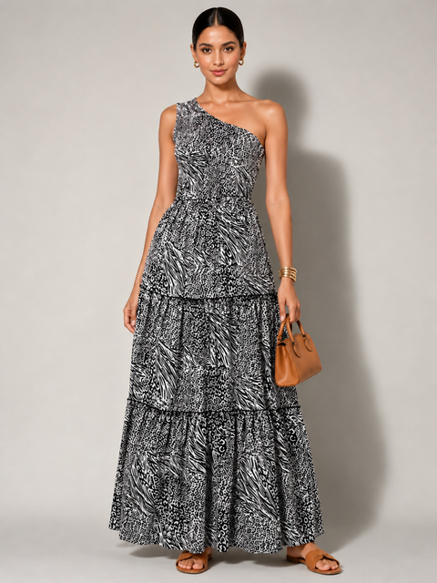 One Shoulder Smocked Maxi Dress