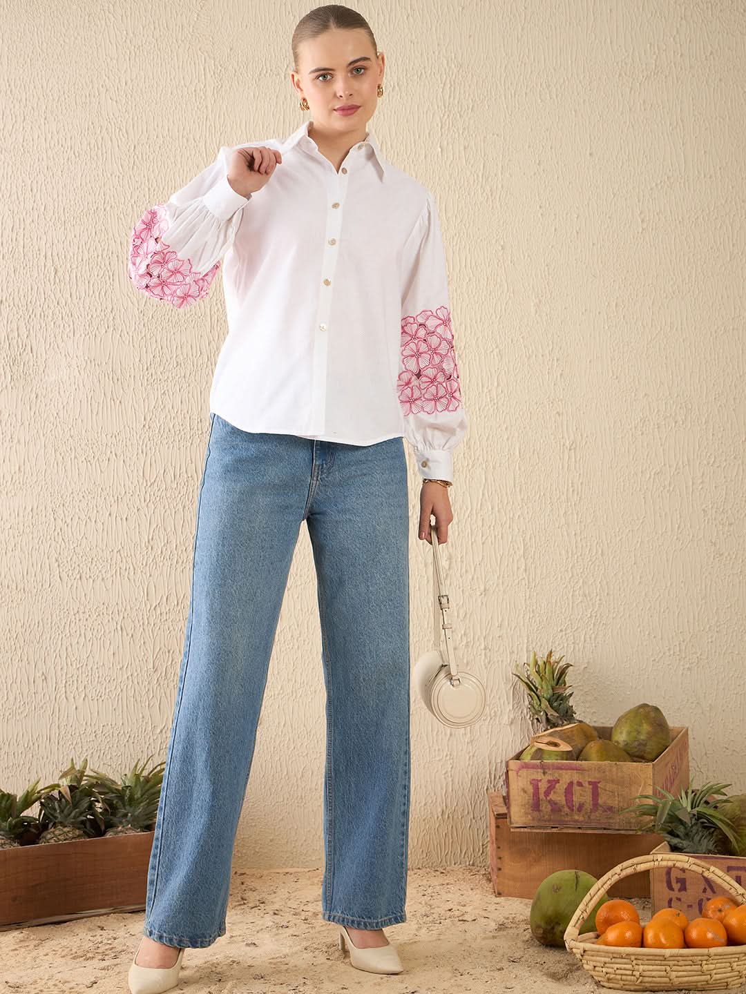 Cotton Embroidered Shirt With Balloon Sleeves - Uptownie