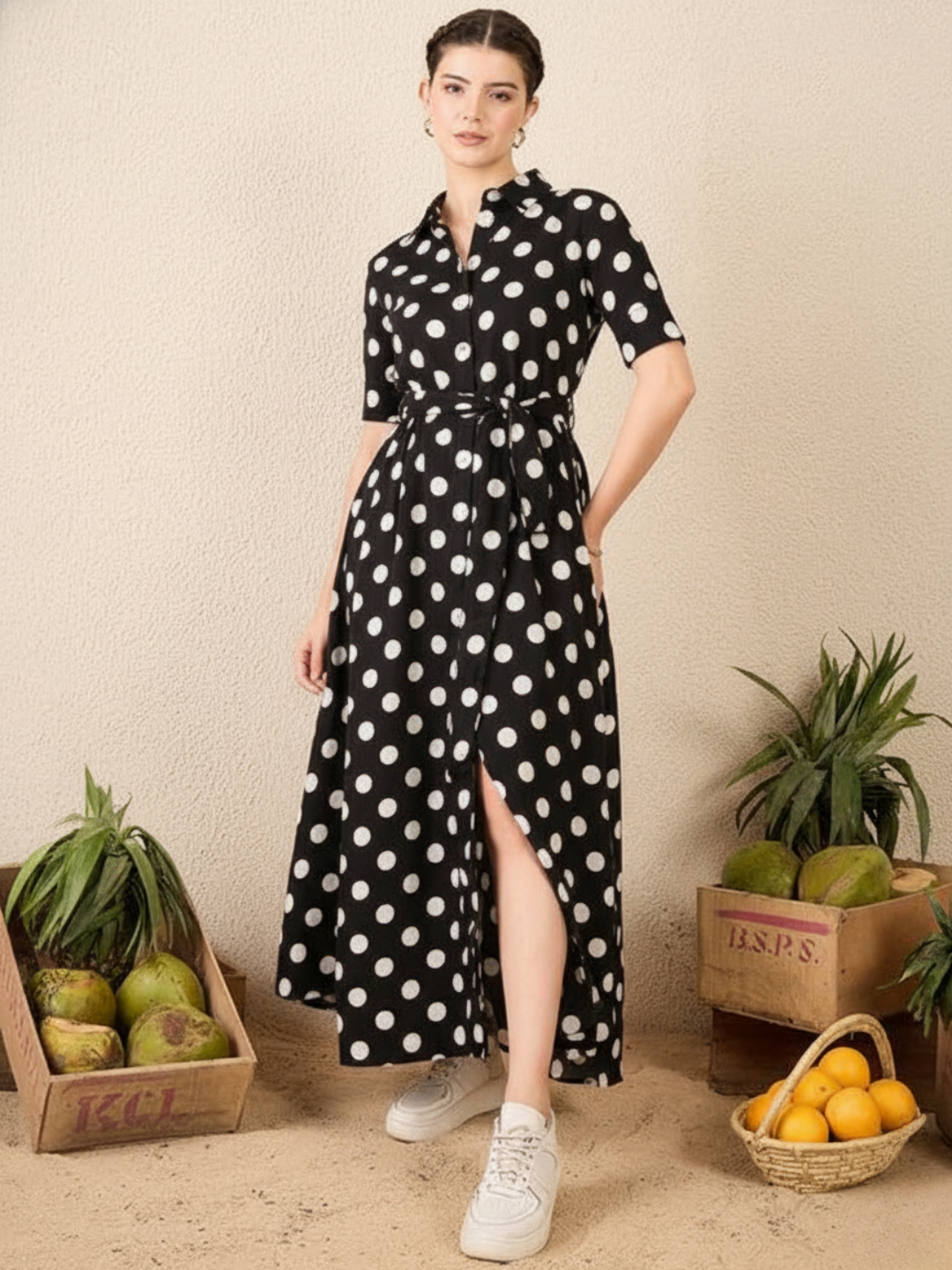 Cotton Buttoned Down Shirt Dress With Belt