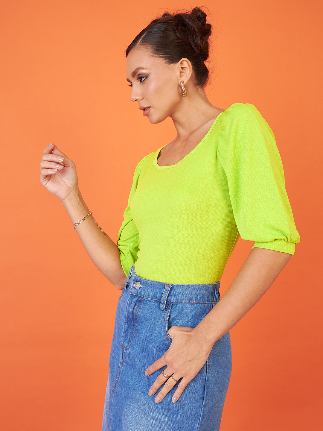 Cotton Solid Stretchable Round Neck Puff Sleeve Top - Uptownie