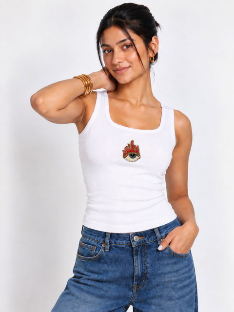 Eye With Flame Beaded Ribbed Tank Top
