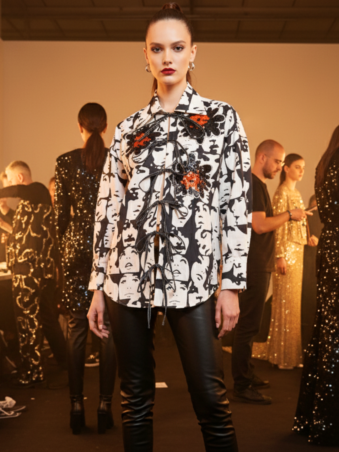 Printed Tie-Up Full Sleeve Sequinned Cotton Shirt - Uptownie