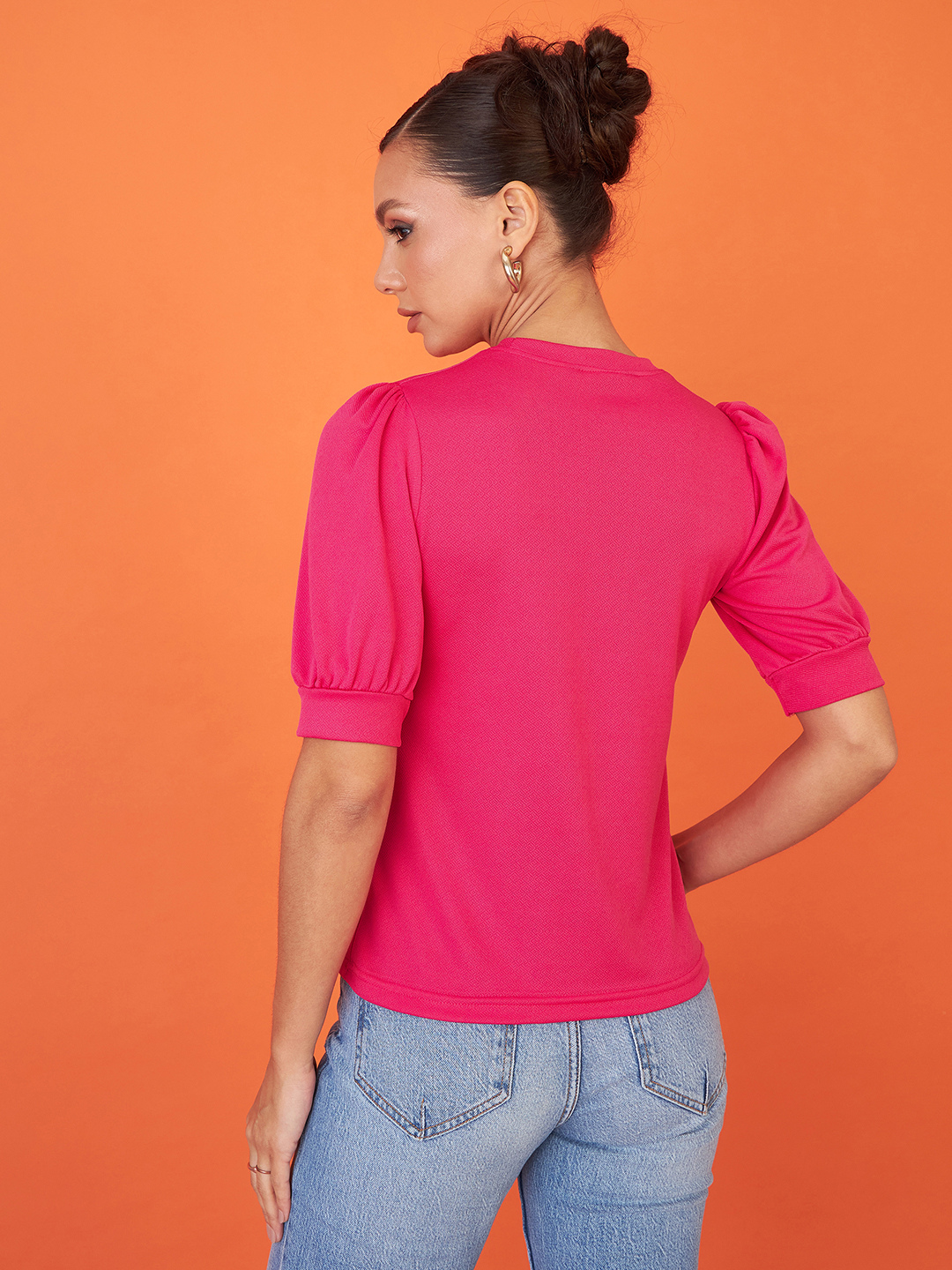 Cotton Solid Stretchable High Neck Puff Sleeve Top - Uptownie