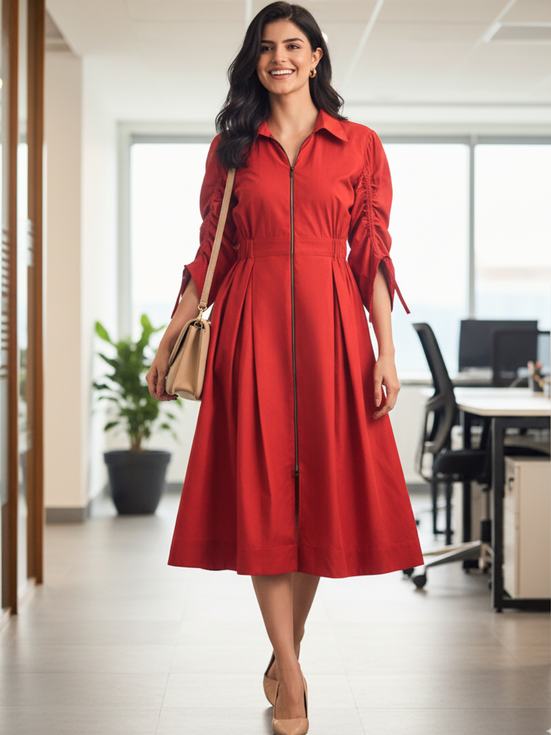 Cotton Zip Dress With Gathered Tie-Up Sleeves - Uptownie