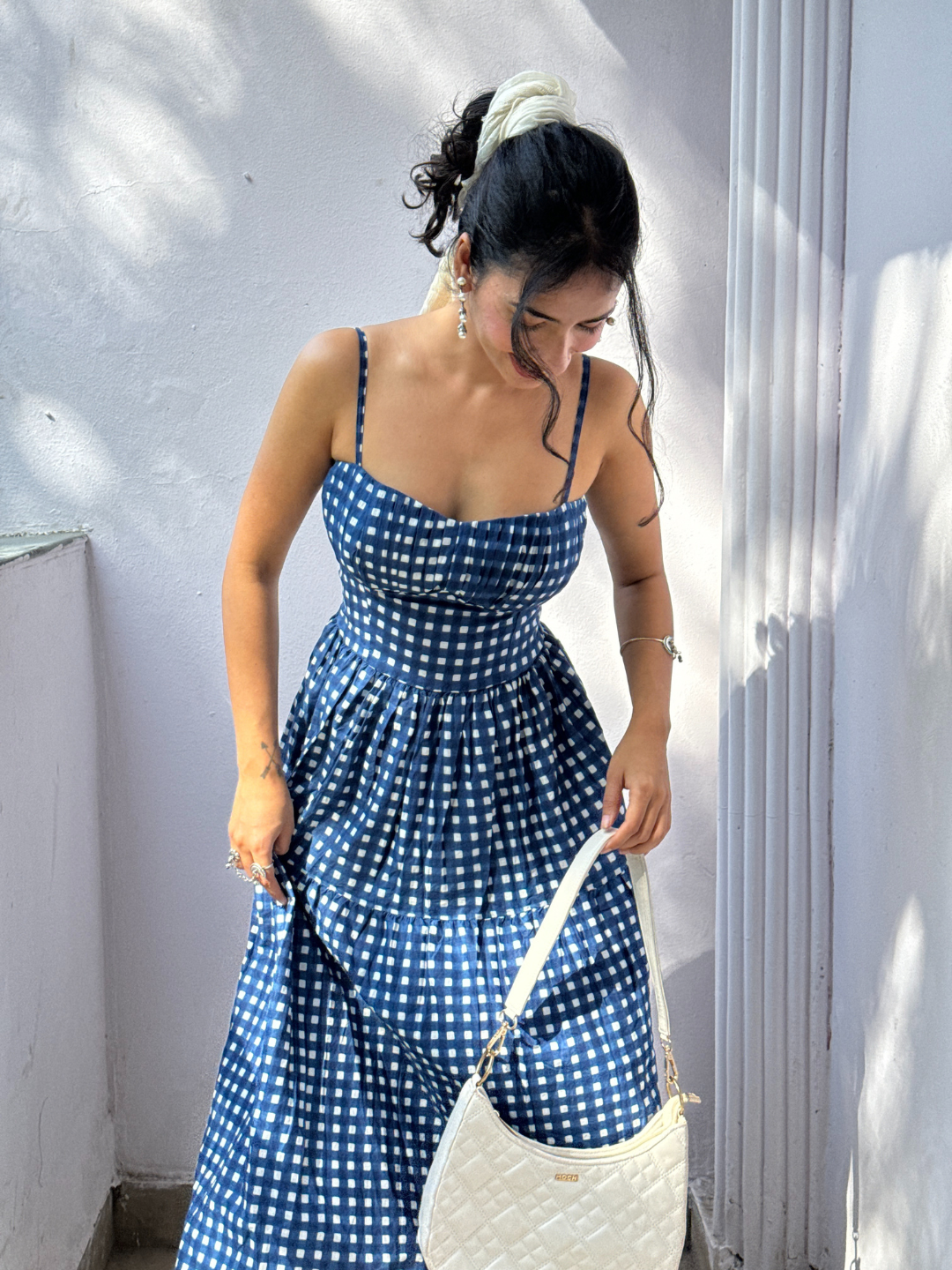 Ajio Navy Polka Dot Shift Dress Ajio Layered Bodycon Dress One