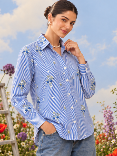 All Over Embroidered  Pure Linen Shirt