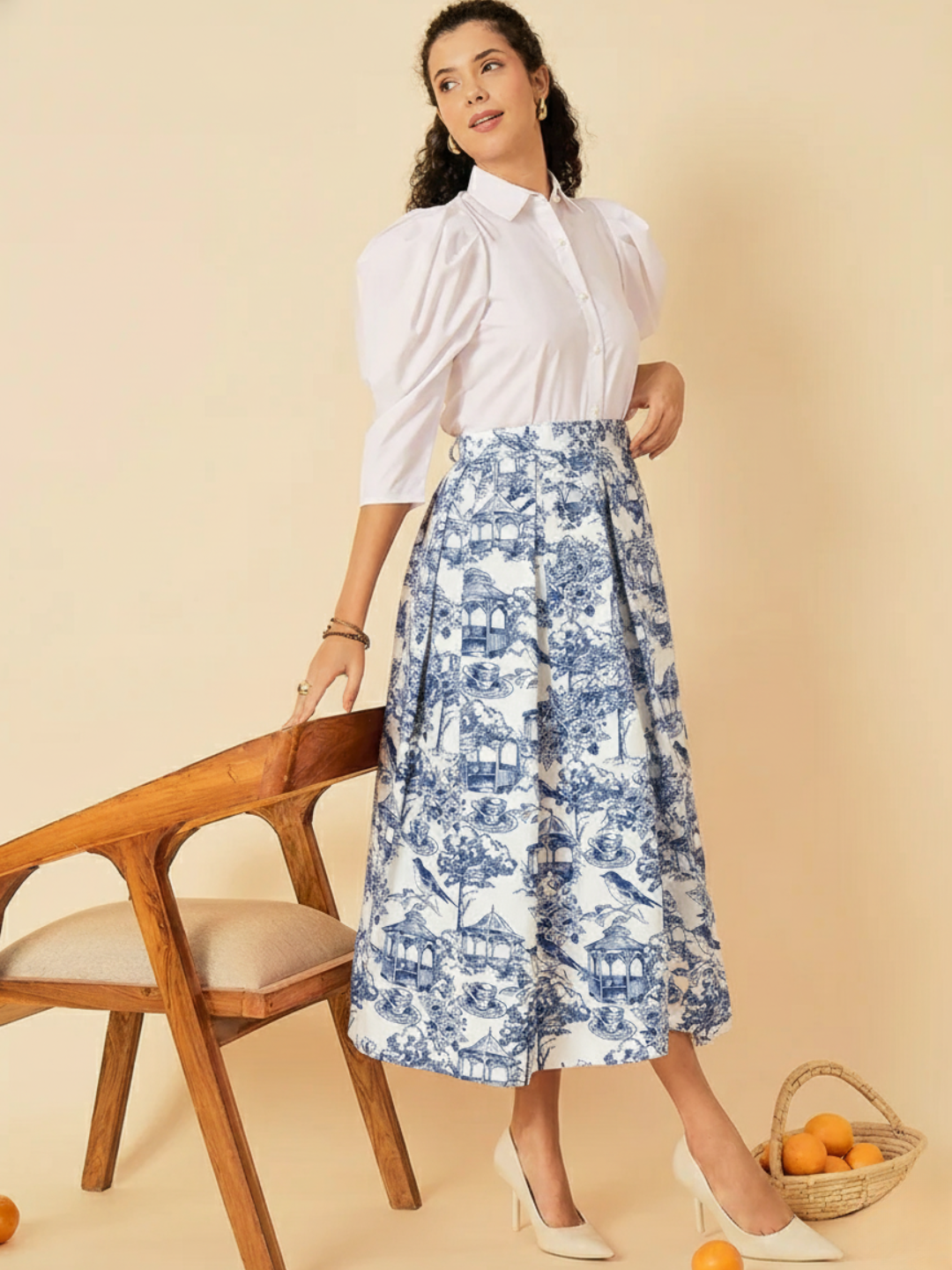 Pure Linen Box Pleated Midi Skirt