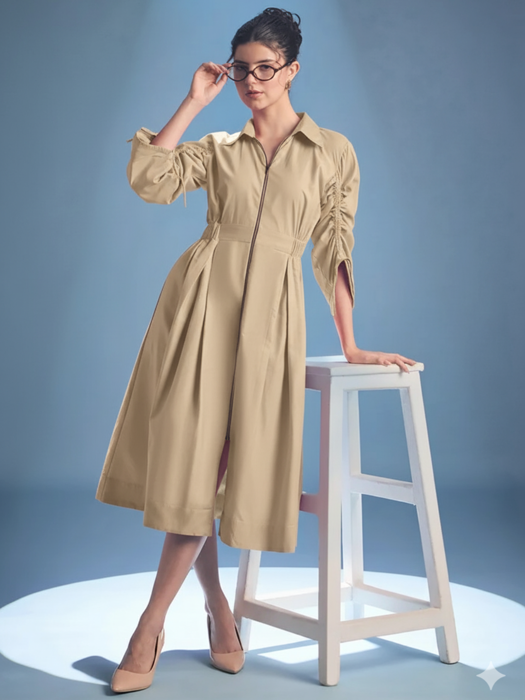 Cotton Zip Dress With Gathered Tie-Up Sleeves