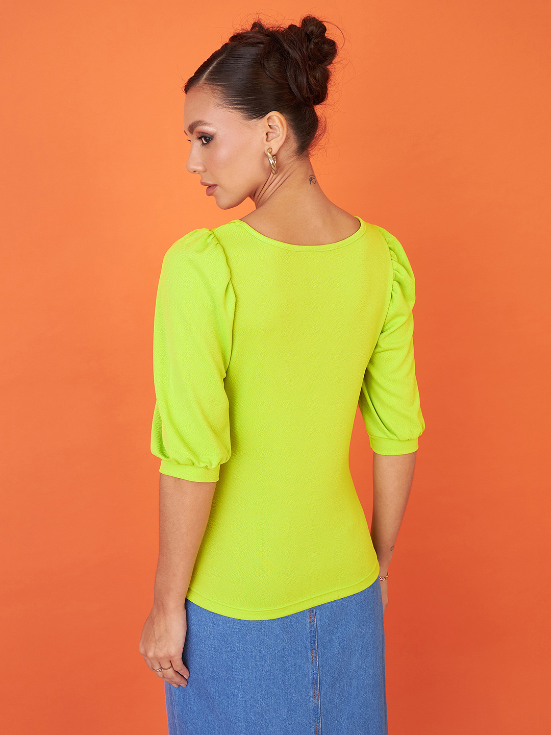 Cotton Solid Stretchable Round Neck Puff Sleeve Top - Uptownie