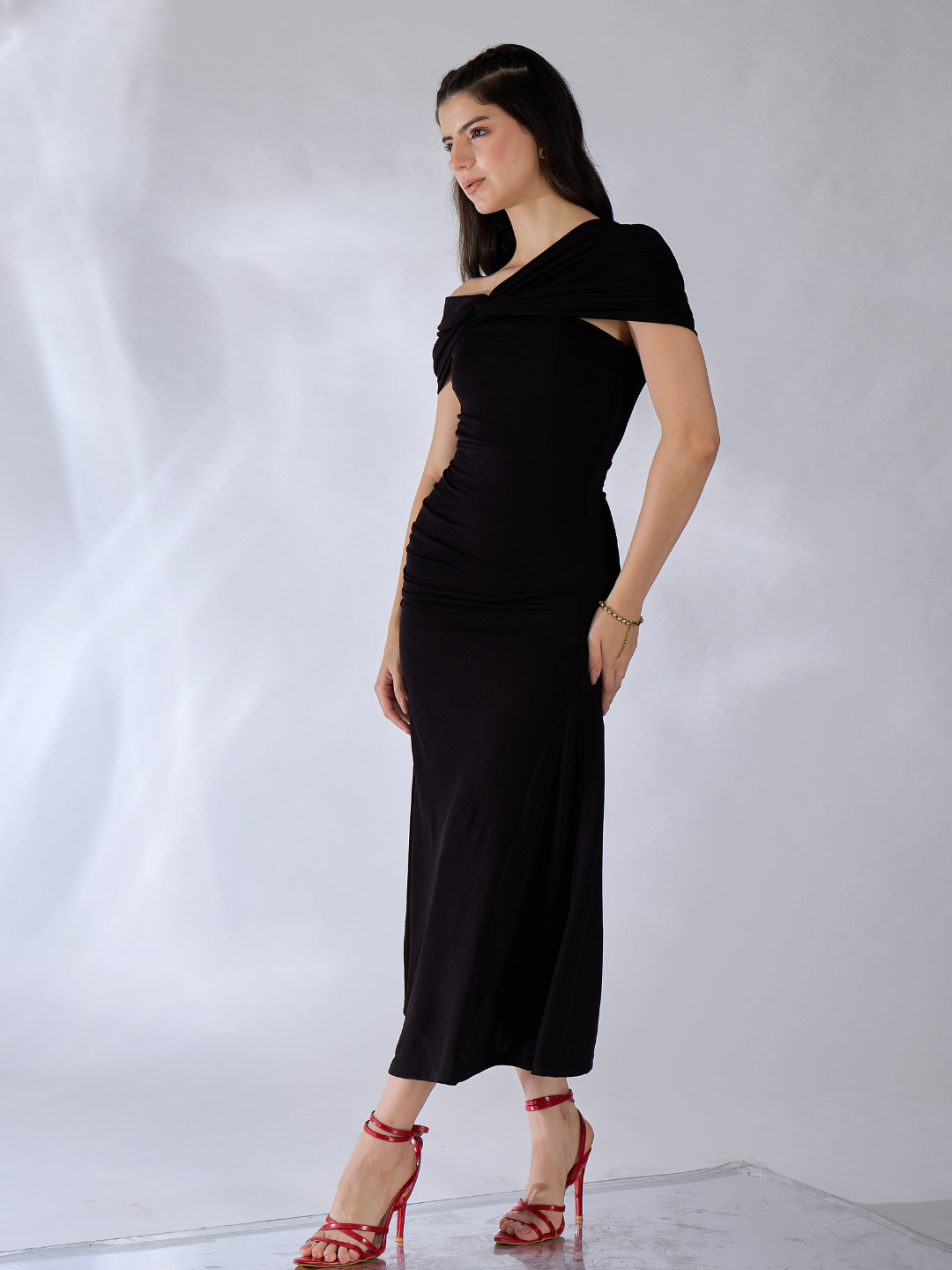 Off Shoulder Fit & Flare Midi Dress - Uptownie