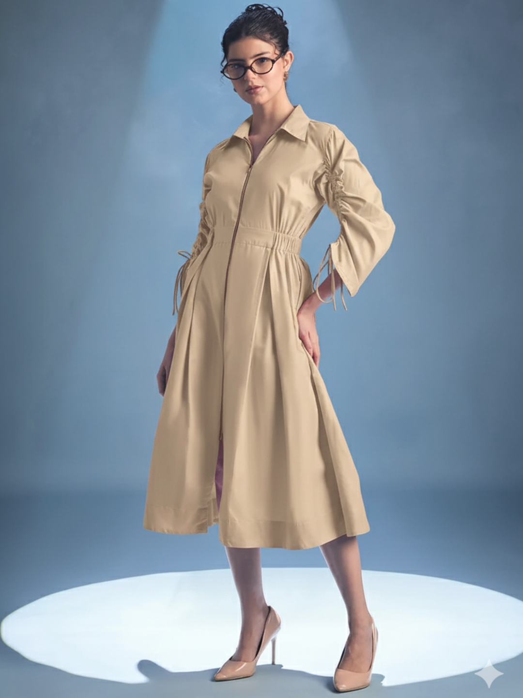 Cotton Zip Dress With Gathered Tie-Up Sleeves