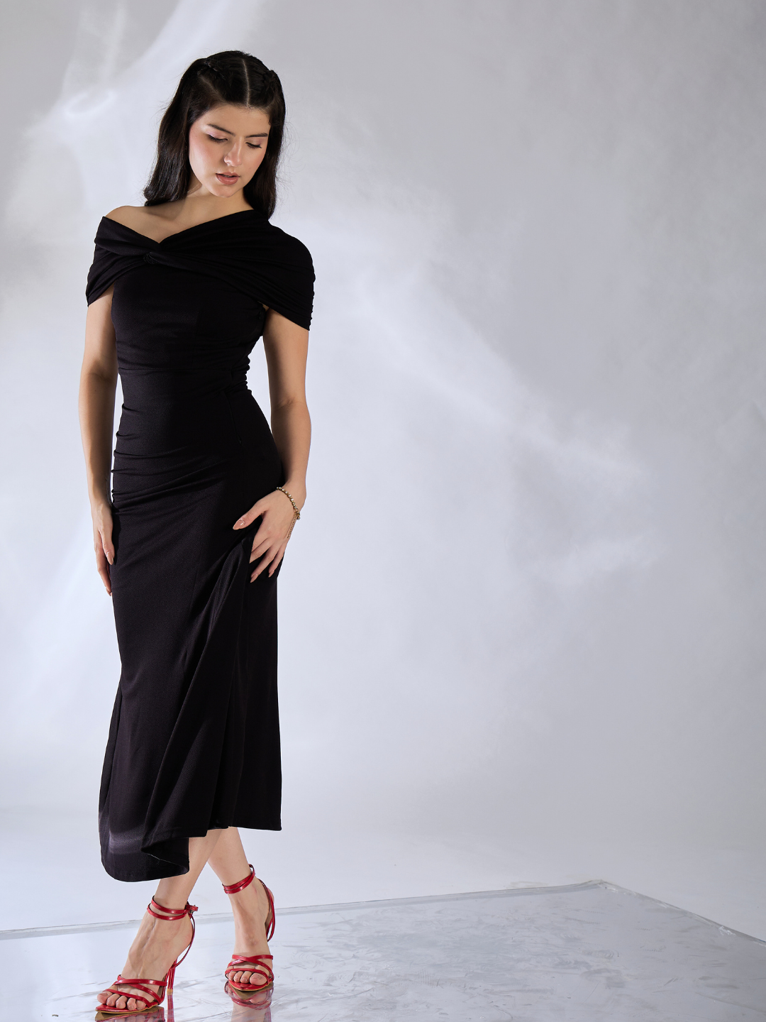 Off Shoulder Fit & Flare Midi Dress - Uptownie