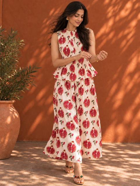 Pure Cotton Pleated Top and Skirt Set (with Lining)