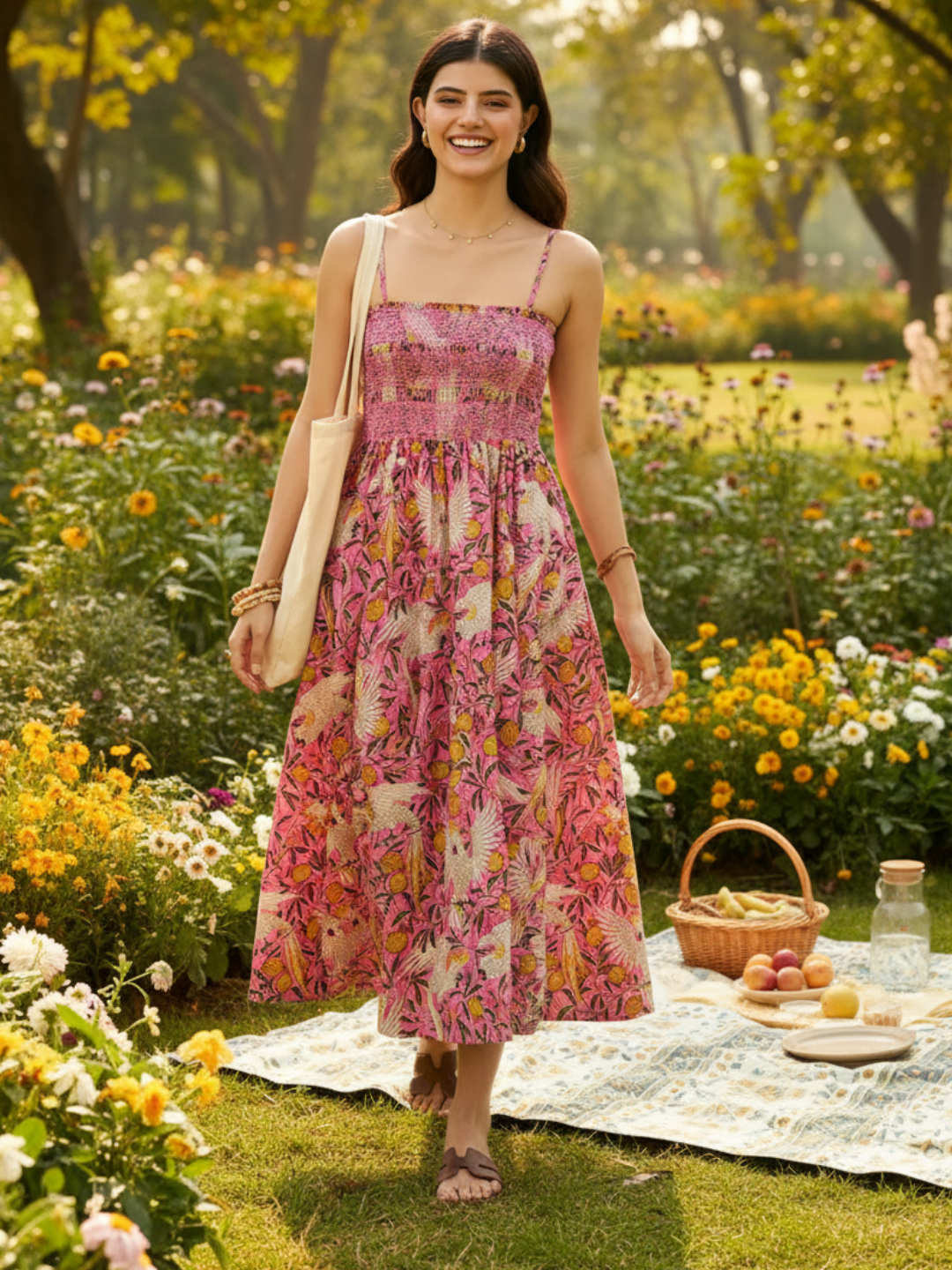 Smocked Strappy Cotton Midi Dress - Uptownie