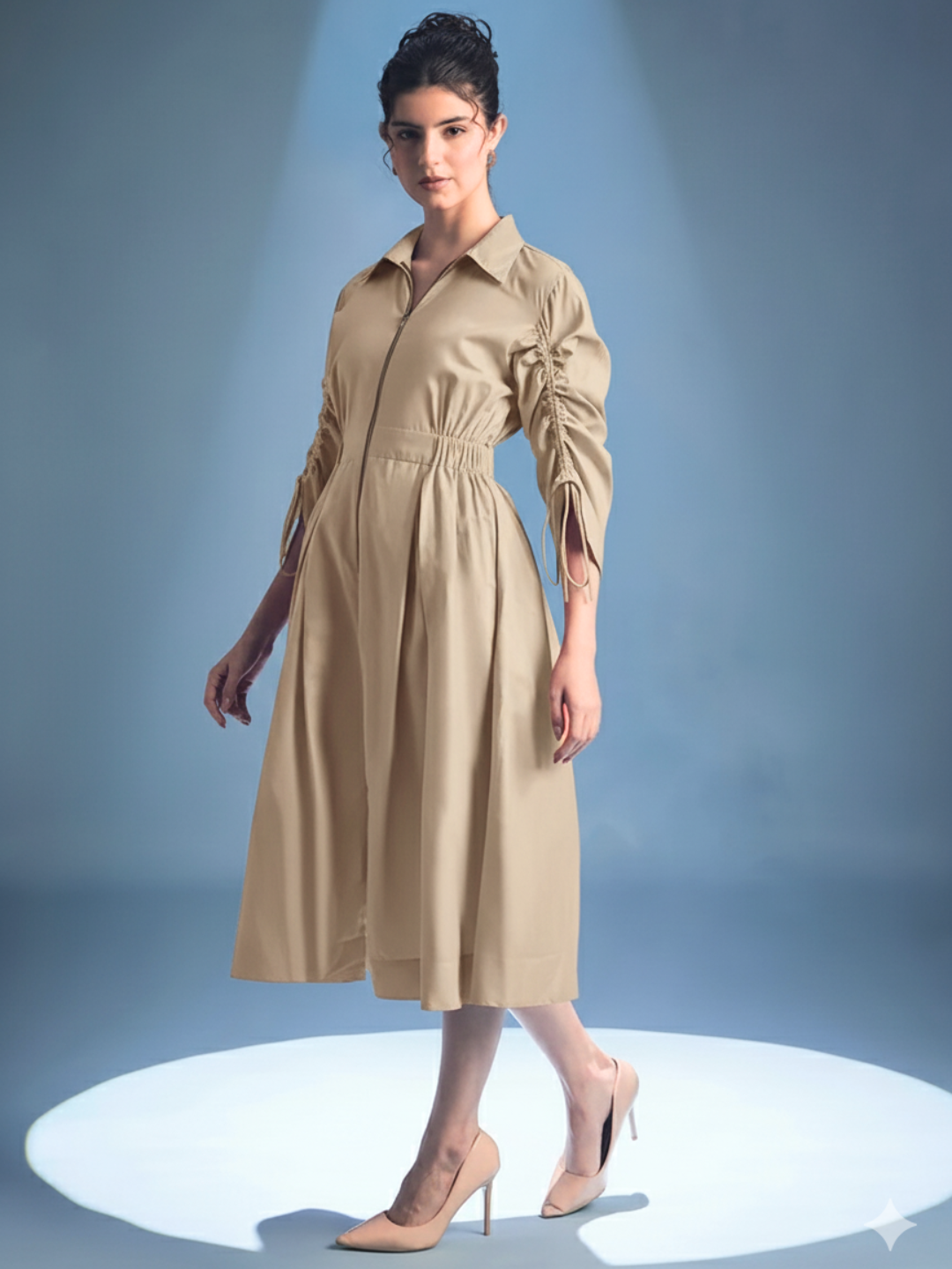 Cotton Zip Dress With Gathered Tie-Up Sleeves