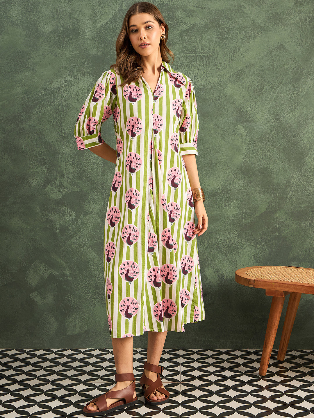 Front Pleated Cotton Midi Dress