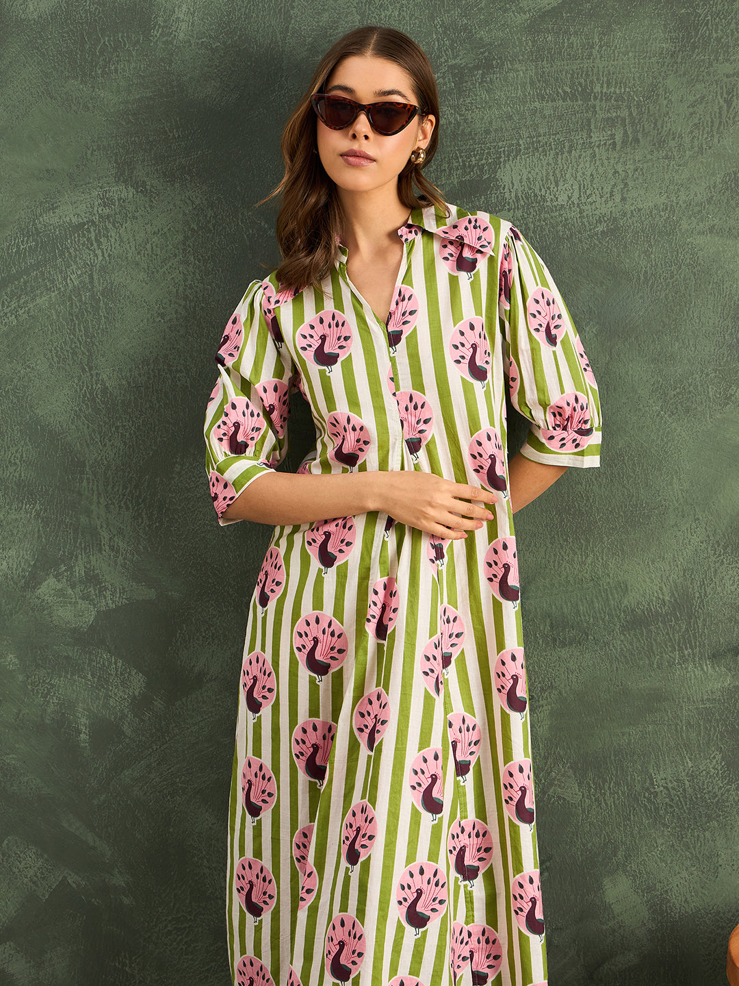 Front Pleated Cotton Midi Dress