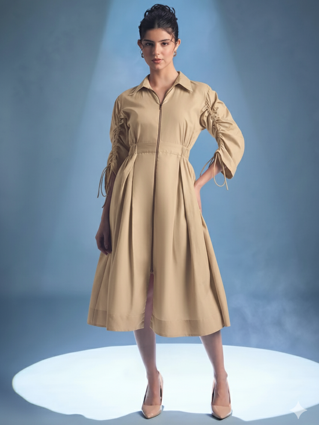 Cotton Zip Dress With Gathered Tie-Up Sleeves