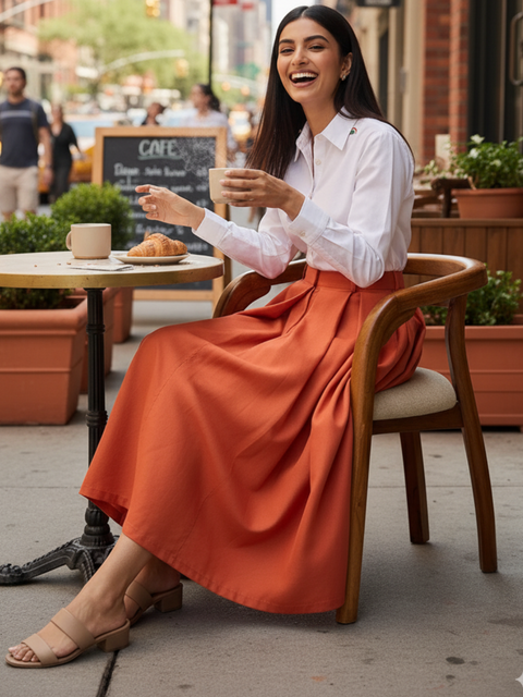 Box Pleated Linen Midi Skirt