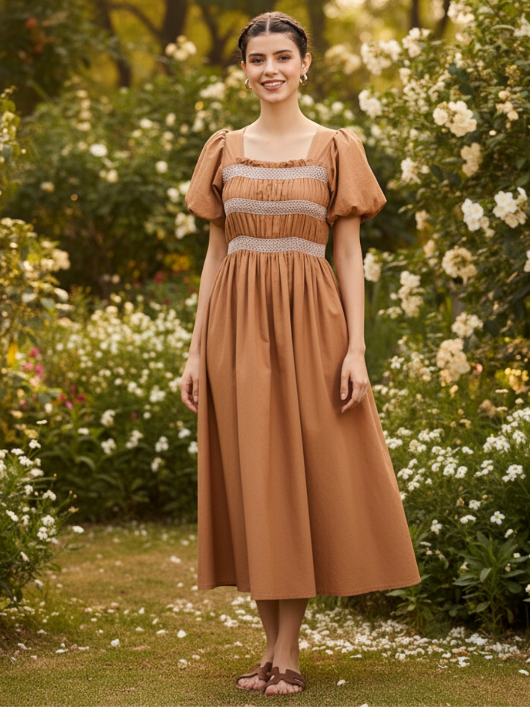 Puff Sleeve Smocked Midi Dress - Uptownie