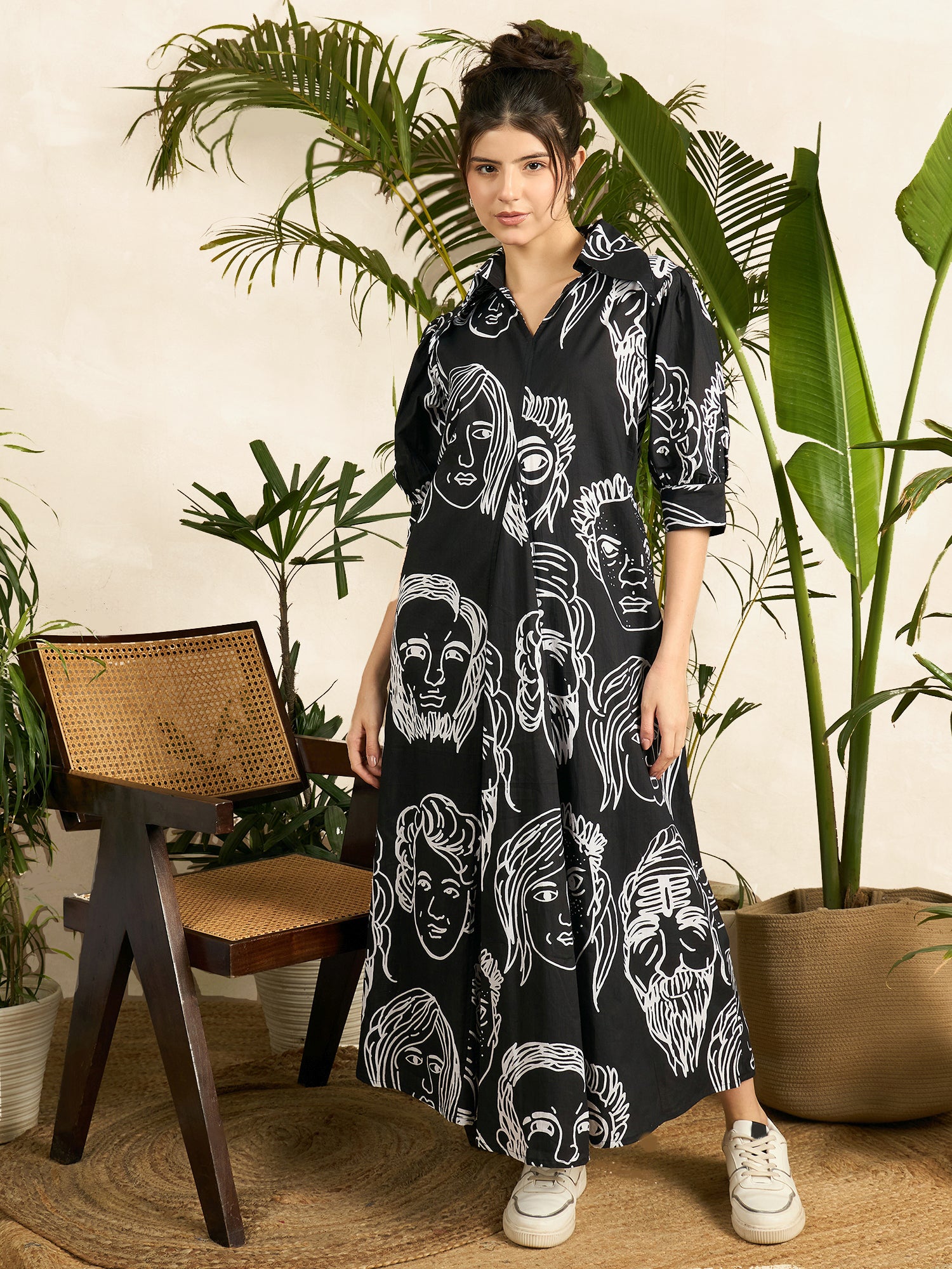 Front Pleated Cotton Midi Dress