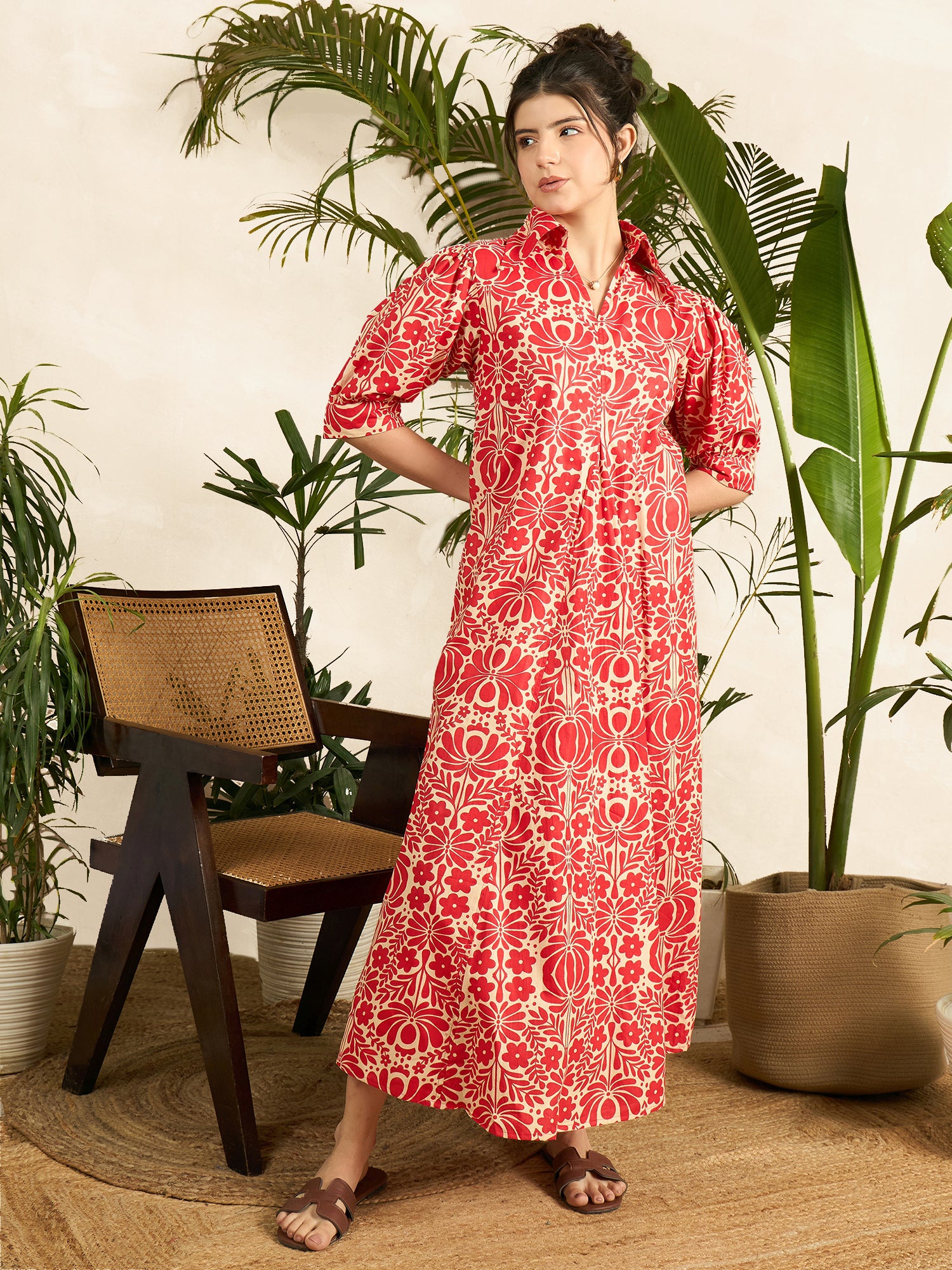 Front Pleated Cotton Midi Dress