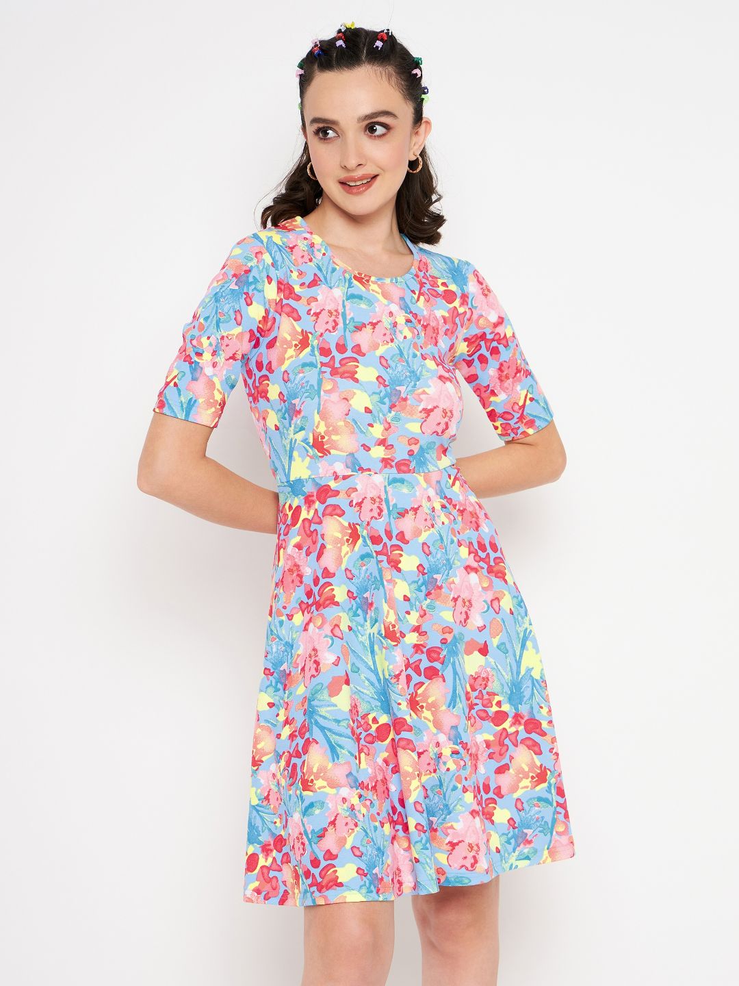 Round Neck Stretchable Skater Cotton Dress - Uptownie