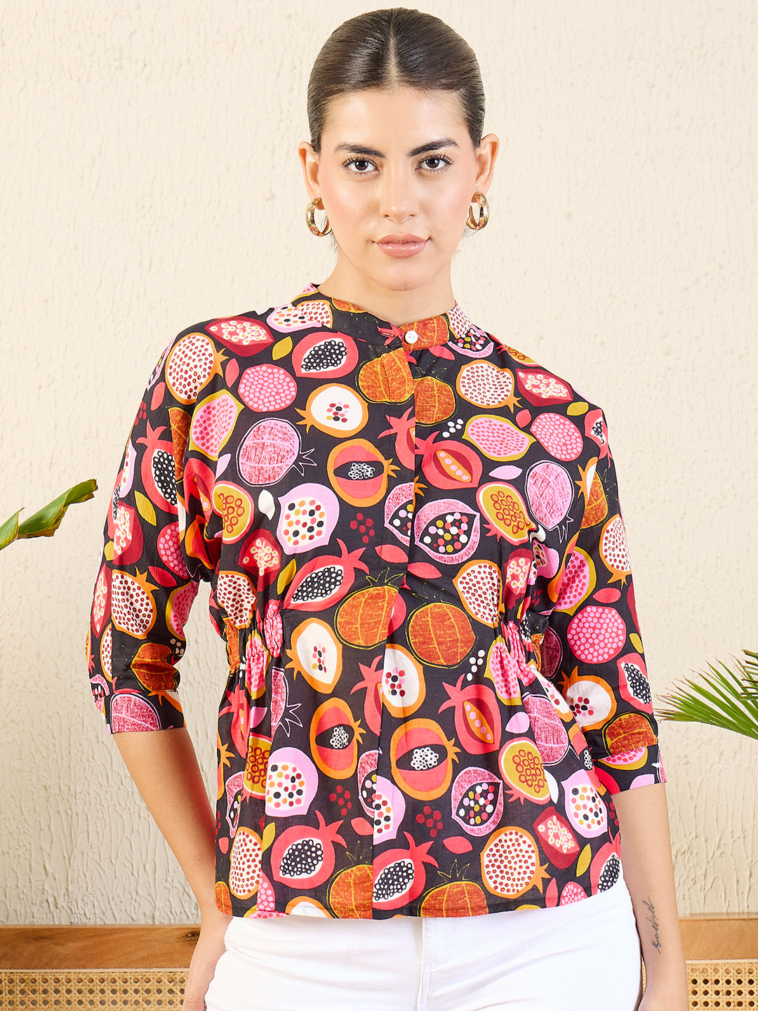 Printed Cotton Mock Neck Shirt - Uptownie