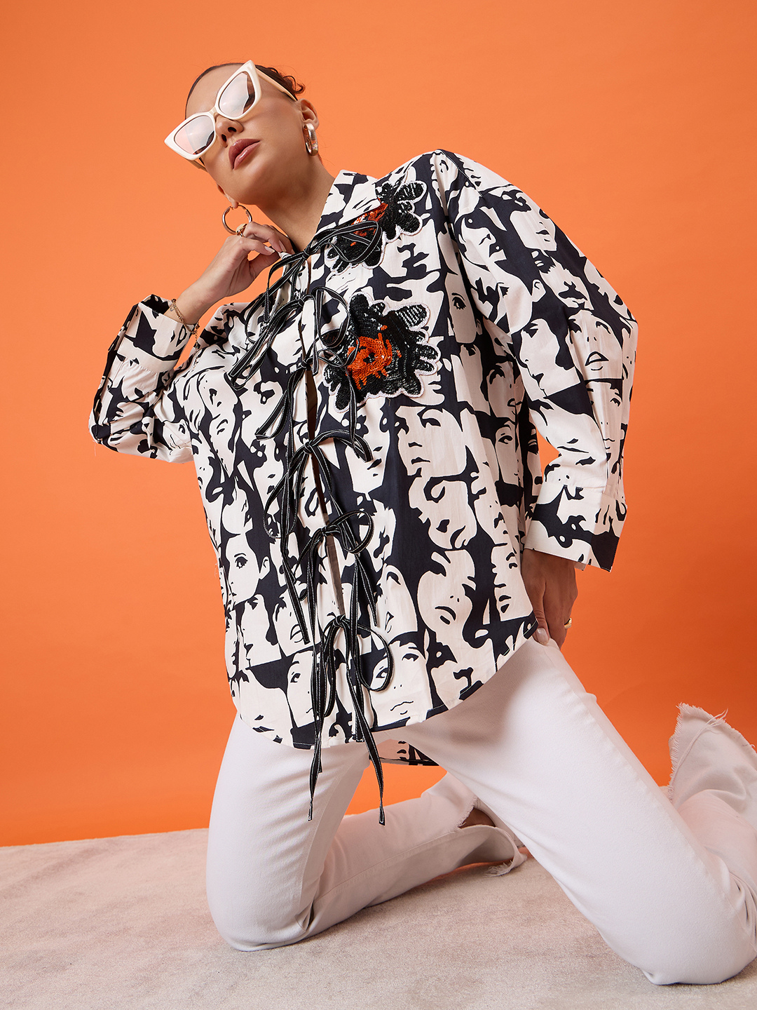Printed Tie-Up Full Sleeve Sequinned Cotton Shirt - Uptownie