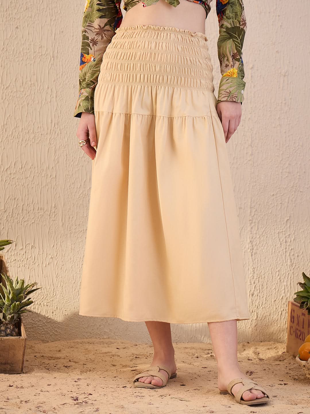 Smocked High-waist Cotton Midi Skirt - Uptownie