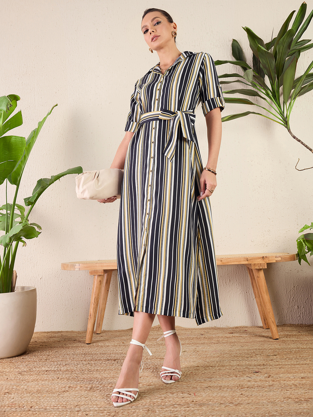 Collar Buttoned Down Shirt Maxi Dress - Uptownie