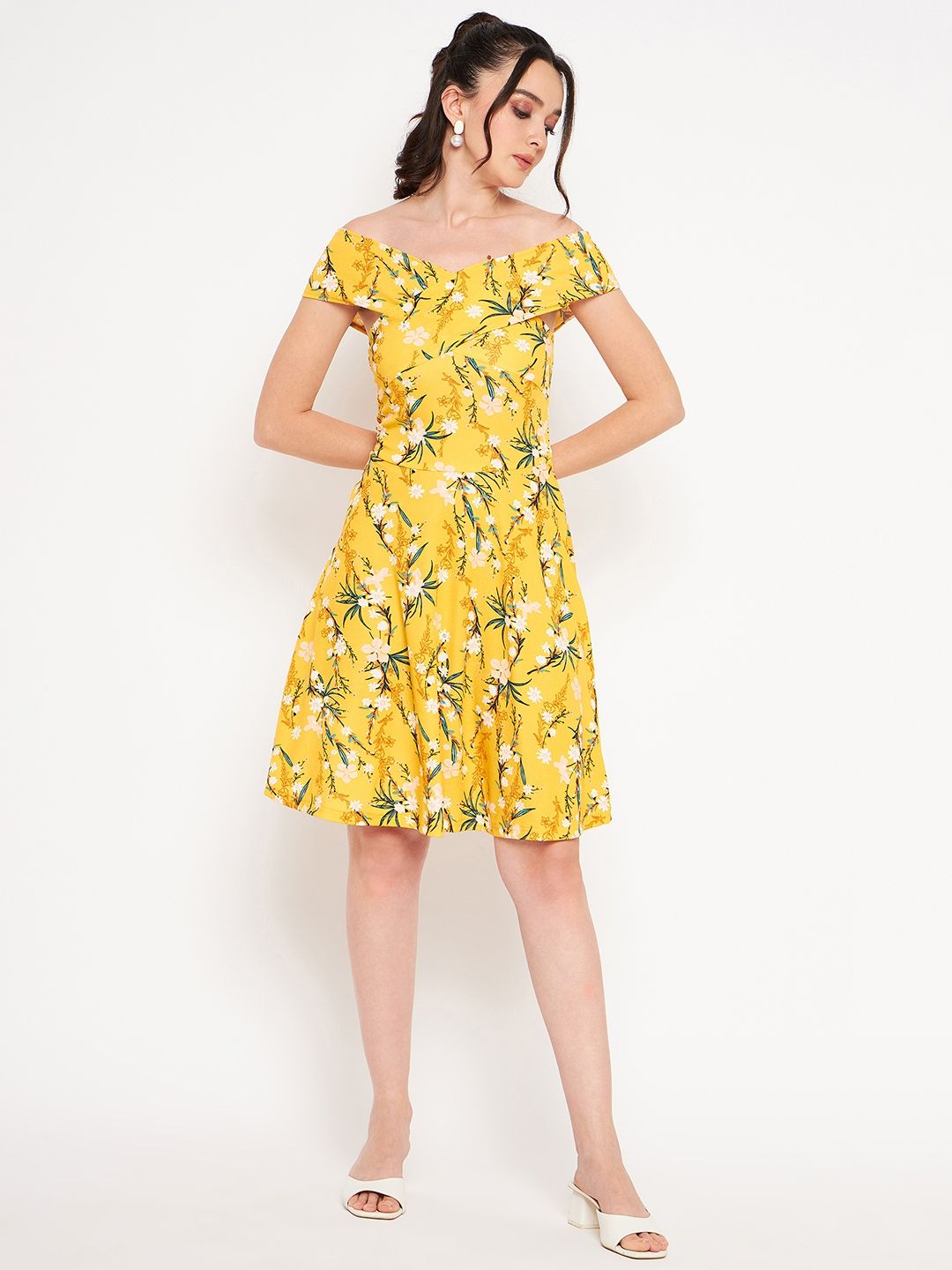 Off Shoulder Stretchable Cotton Skater Dress - Uptownie