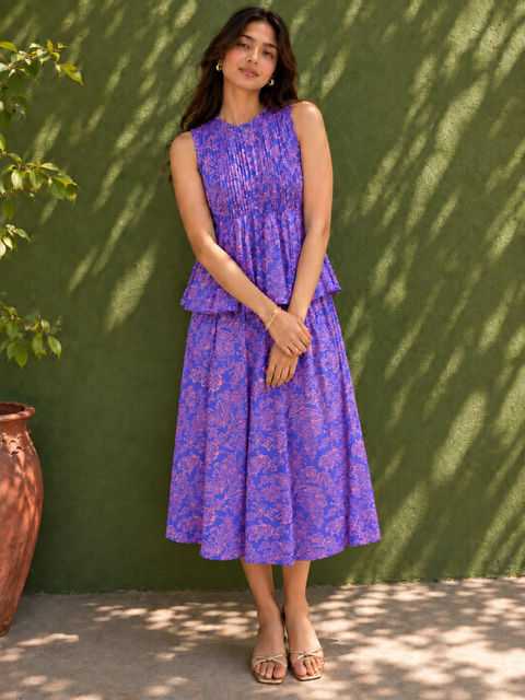 Pure Cotton Pleated Top and Skirt Set (with Lining)