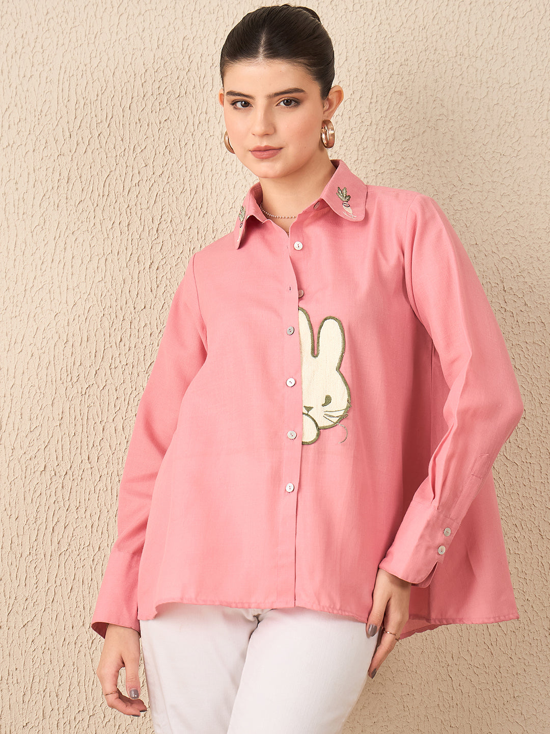 Loose Fit Applique Linen Shirt - Uptownie