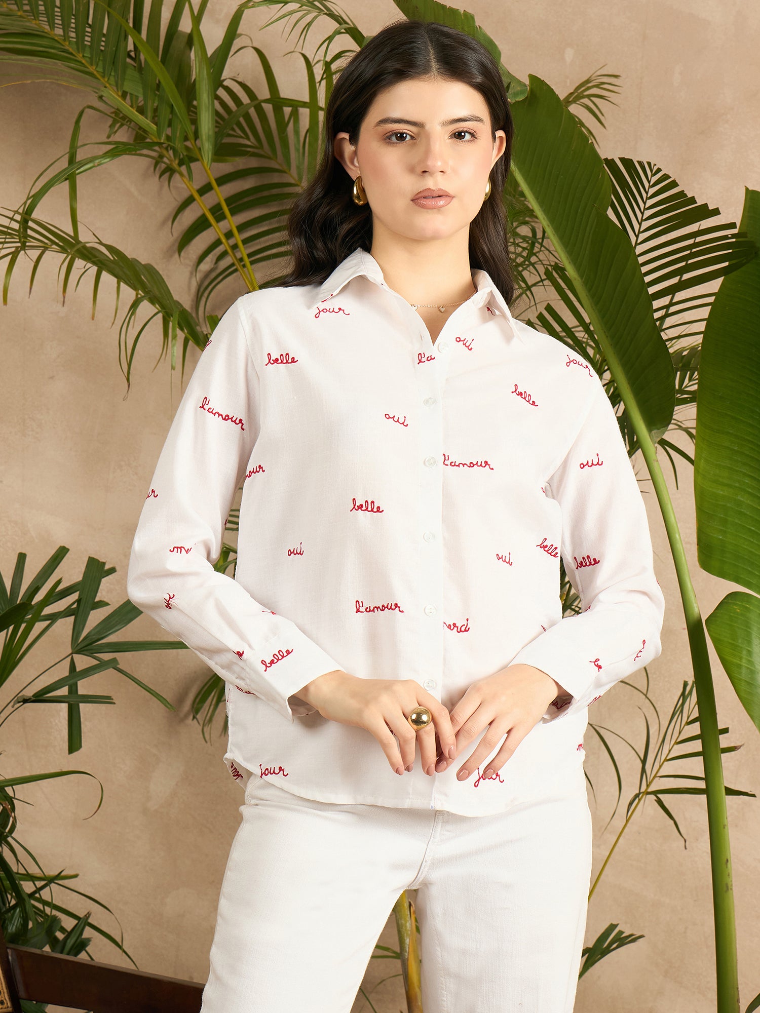 All Over Embroidered Linen Shirt - Uptownie