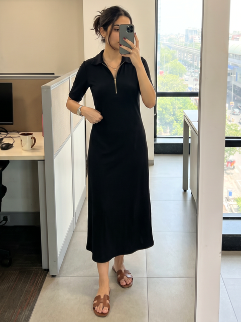 Stretchable Front Zip-up Midi Dress