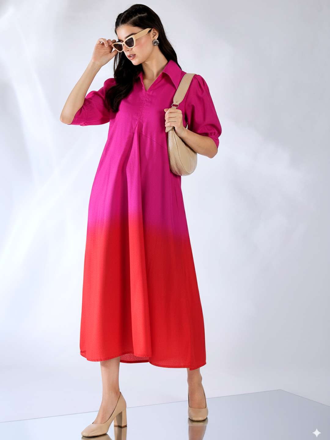 Front Pleated Linen Midi Dress
