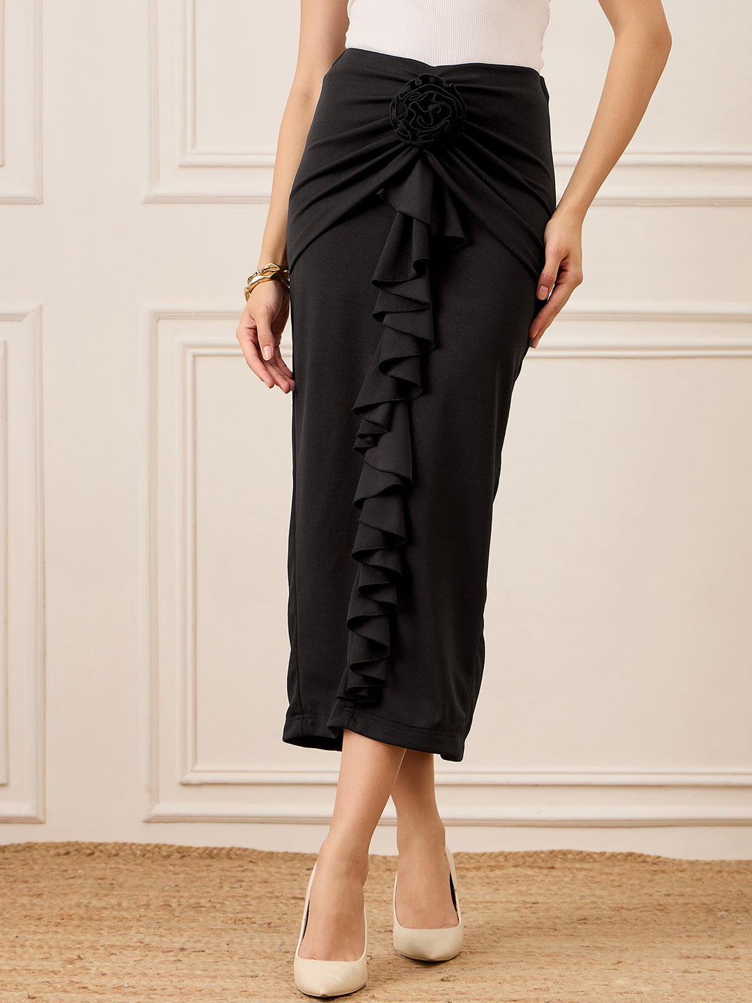 Stretchable Ruffle Rosette Midi Skirt - Uptownie