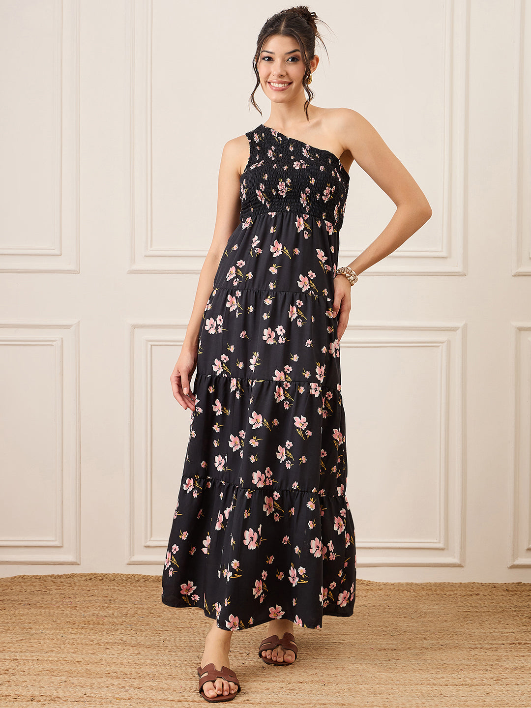 One Shoulder Smocked Maxi Dress - Uptownie