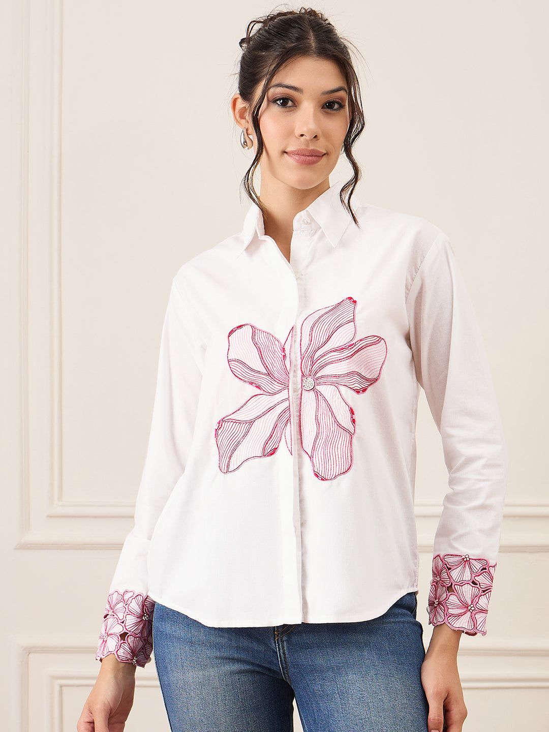 Floral Embroidered Full Sleeve Cotton Shirt - Uptownie