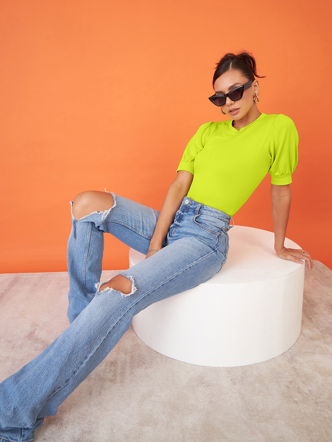 Cotton Solid Stretchable High Neck Puff Sleeve Top - Uptownie