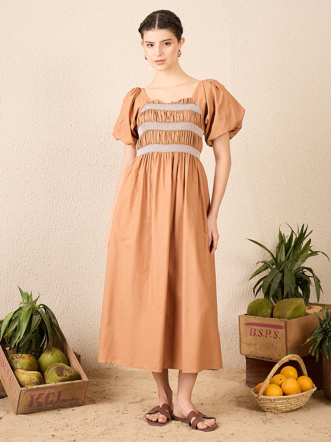 Puff Sleeve Smocked Midi Dress