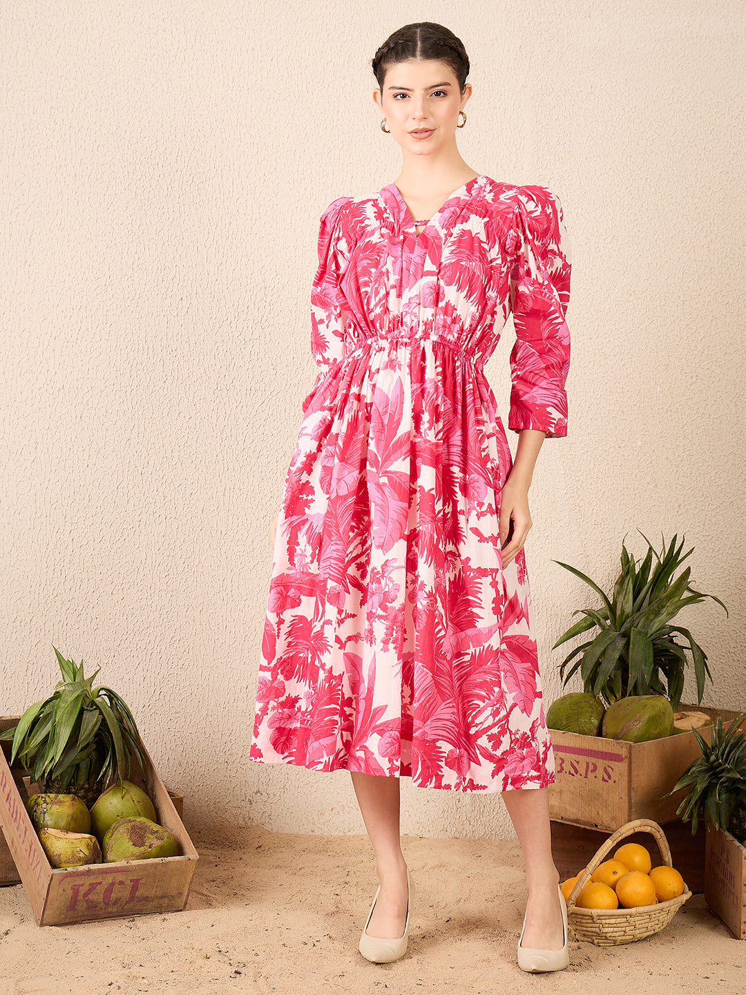 Puffed Sleeve Cotton Midi Dress - Uptownie