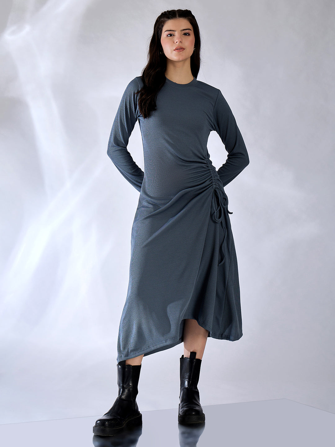 Stretchable Ruched Tie-up Midi Dress - Uptownie