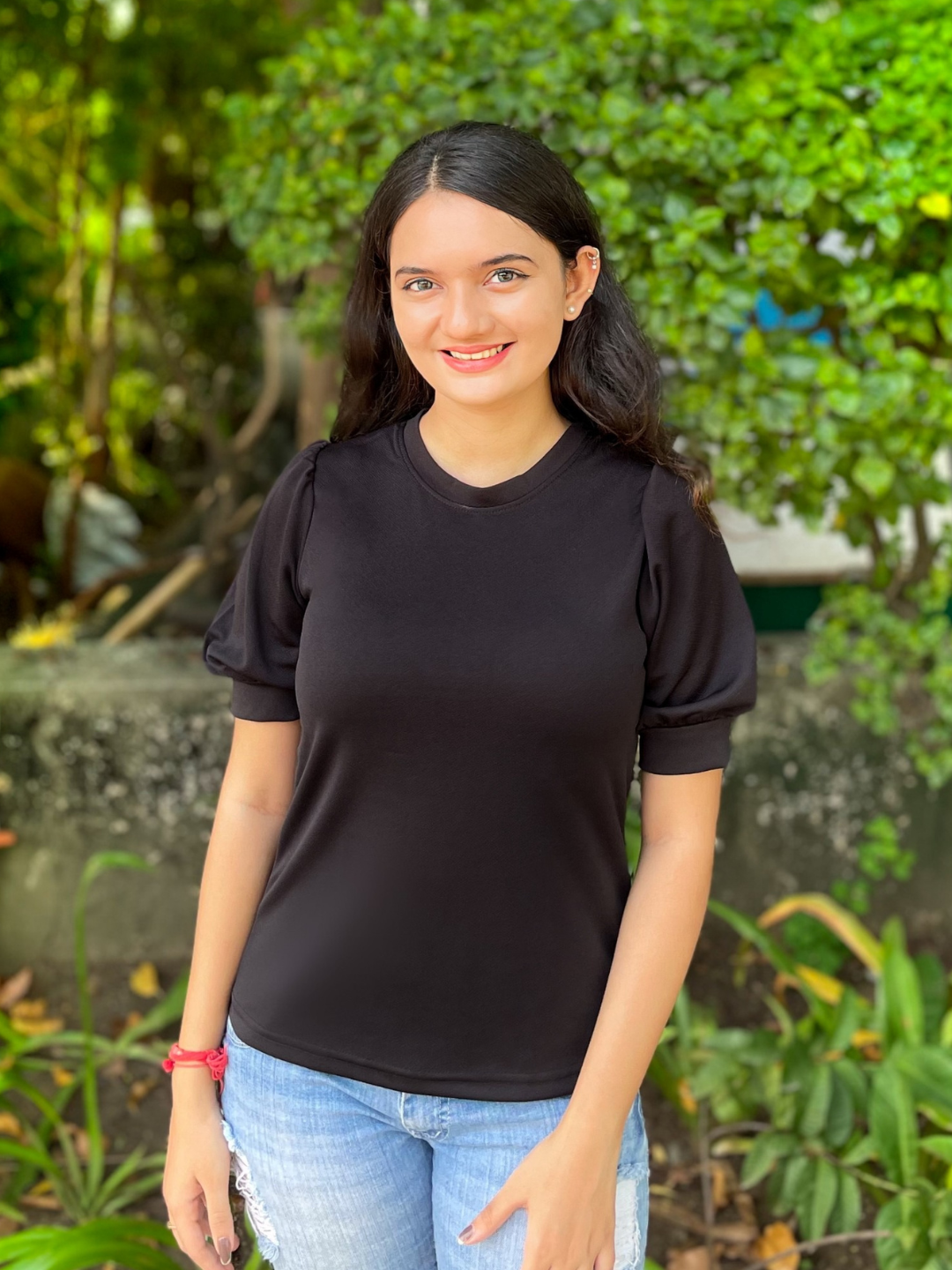 Cotton Solid Stretchable High Neck Puff Sleeve Top - Uptownie