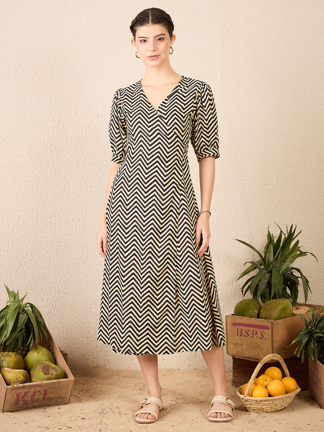 Puff Sleeve Cotton Wrap Midi Dress - Uptownie